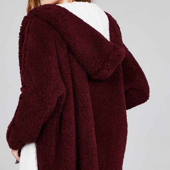 NWT White + Burgundy Fluffy Jacket - Picture 3 of 3